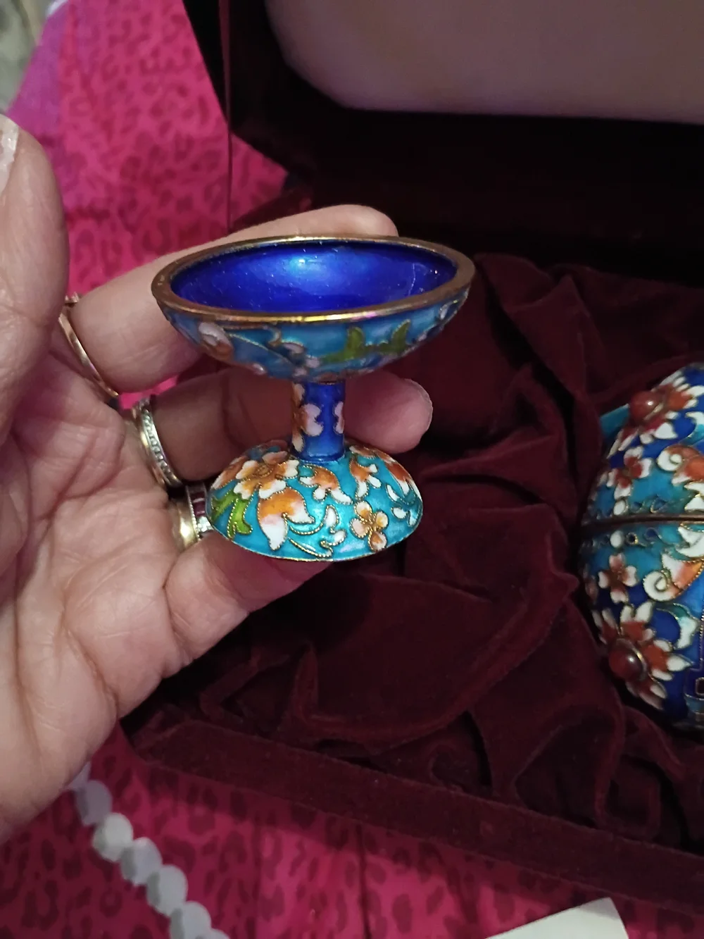 Ornate Blue Floral Cloisonné Egg Trinket Box